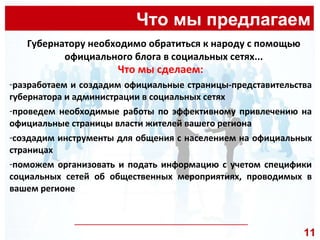 Что мы предлагаем __________________________________________________ Губернатору необходимо обратиться к народу с помощью официального блога в социальных сетях... Что мы сделаем: разработаем и создадим официальные страницы-представительства губернатора и администрации в социальных сетях  проведем необходимые работы по эффективному привлечению на официальные страницы власти жителей вашего региона создадим инструменты для общения с населением на официальных страницах поможем организовать и подать информацию с учетом специфики социальных сетей об общественных мероприятиях, проводимых в вашем регионе  11 