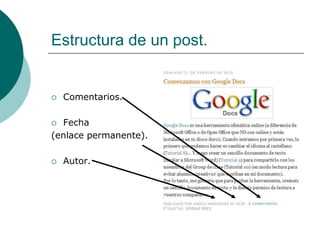 Estructura de un post.


   Comentarios.

 Fecha
(enlace permanente).

   Autor.
 