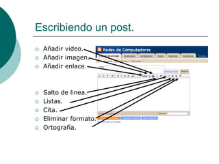 Escribiendo un post.
   Añadir video.
   Añadir imagen.
   Añadir enlace.



   Salto de linea.
   Listas.
   Cita.
   Eliminar formato.
   Ortografía.
 