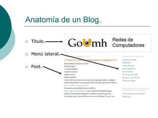 Anatomía de un Blog.

   Título.

   Menú lateral.

   Post.
 