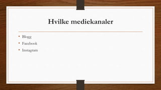 Hvilke mediekanaler 
• Blogg 
• Facebook 
• Instagram 
 