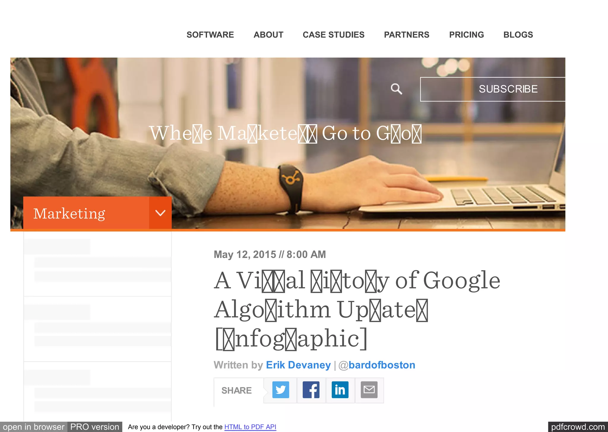 pdfcrowd.comopen in browser PRO version Are you a developer? Try out the HTML to PDF API
May 12, 2015 // 8:00 AM
A Vi al i to y of Google
Algo ithm Up ate
[ nfog aphic]
Written by Erik Devaney | @bardofboston
Whe e Ma kete Go to G o
SHARE
Marketing
SUBSCRIBE
SOFTWARE ABOUT CASE STUDIES PARTNERS PRICING BLOGS
 