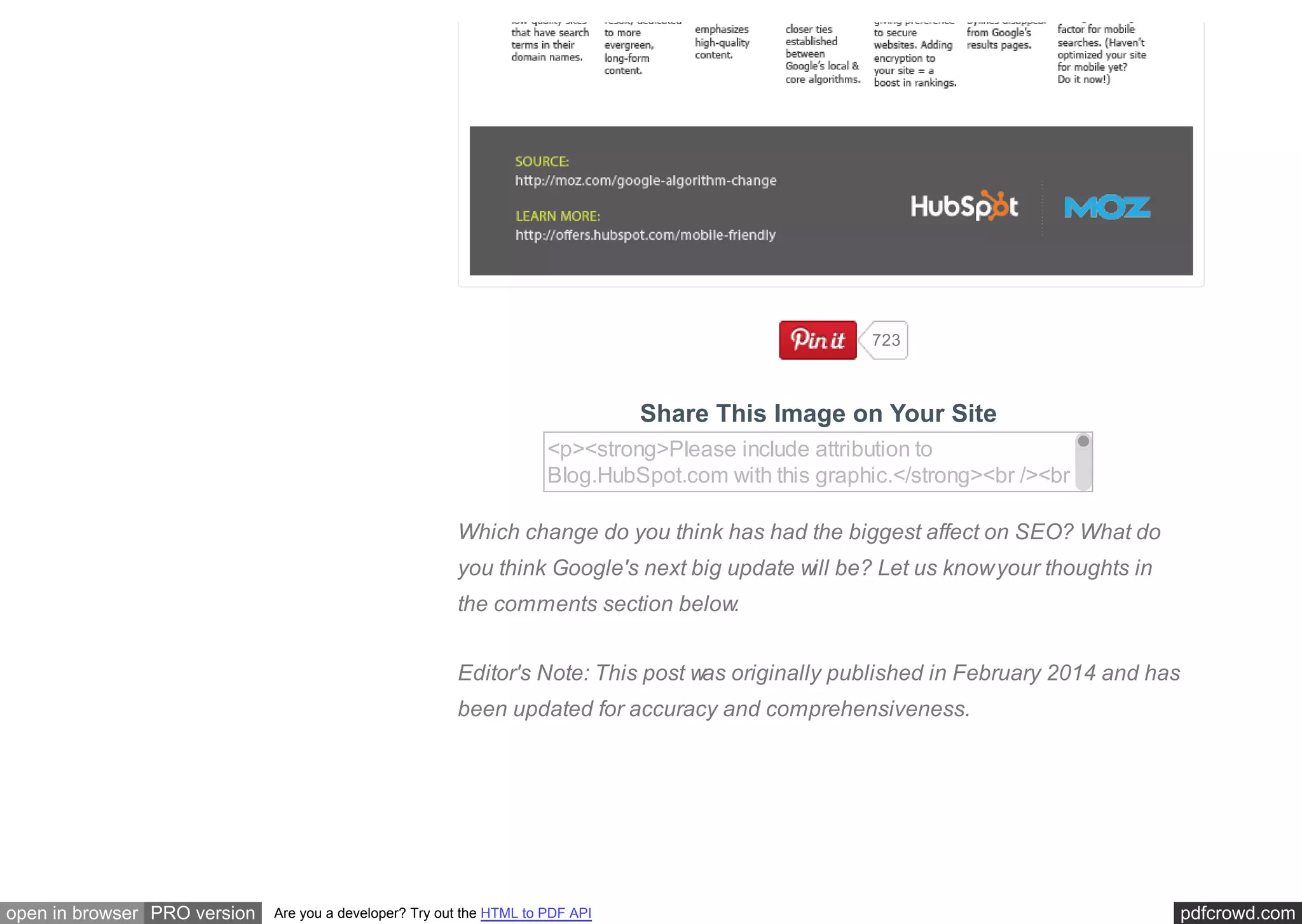 pdfcrowd.comopen in browser PRO version Are you a developer? Try out the HTML to PDF API
Share This Image on Your Site
<p><strong>Please include attribution to
Blog.HubSpot.com with this graphic.</strong><br /><br
/><a href='http://blog.hubspot.com/marketing/google-
algorithm-visual-history-infographic'><img
src='http://cdn2.hubspot.net/hub/53/hubfs/google-
algorithm-changes.png' alt='history of google algorithm
changes' width='669px' border='0' /></a></p>
Which change do you think has had the biggest affect on SEO? What do
you think Google's next big update will be? Let us knowyour thoughts in
the comments section below.
Editor's Note: This post was originally published in February 2014 and has
been updated for accuracy and comprehensiveness.
723
 