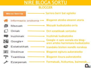 NIRE BLOGA SORTU
BLOGGER
Sarrera berri bat egiteko
Blogaren atzeko atearen ataria
Mezuak kudeatzeko orria
Orri estatikoak sortzeko
Iruzkinak kudeatzeko
Google-n sare soziala eta blog-
aren arteko harremana kudeatzeko
Izandako bisiten nondik norakoa
Blogaren egitura aukeratzeko
Blogaren itxura aukeratzeko
Formatuak, hizkuntza, baimenak,...
 