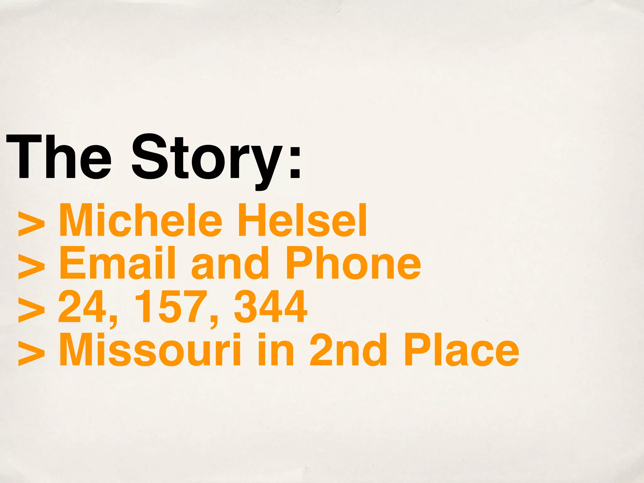 The Story:
> Michele Helsel
> Email and Phone
> 24, 157, 344
> Missouri in 2nd Place
 