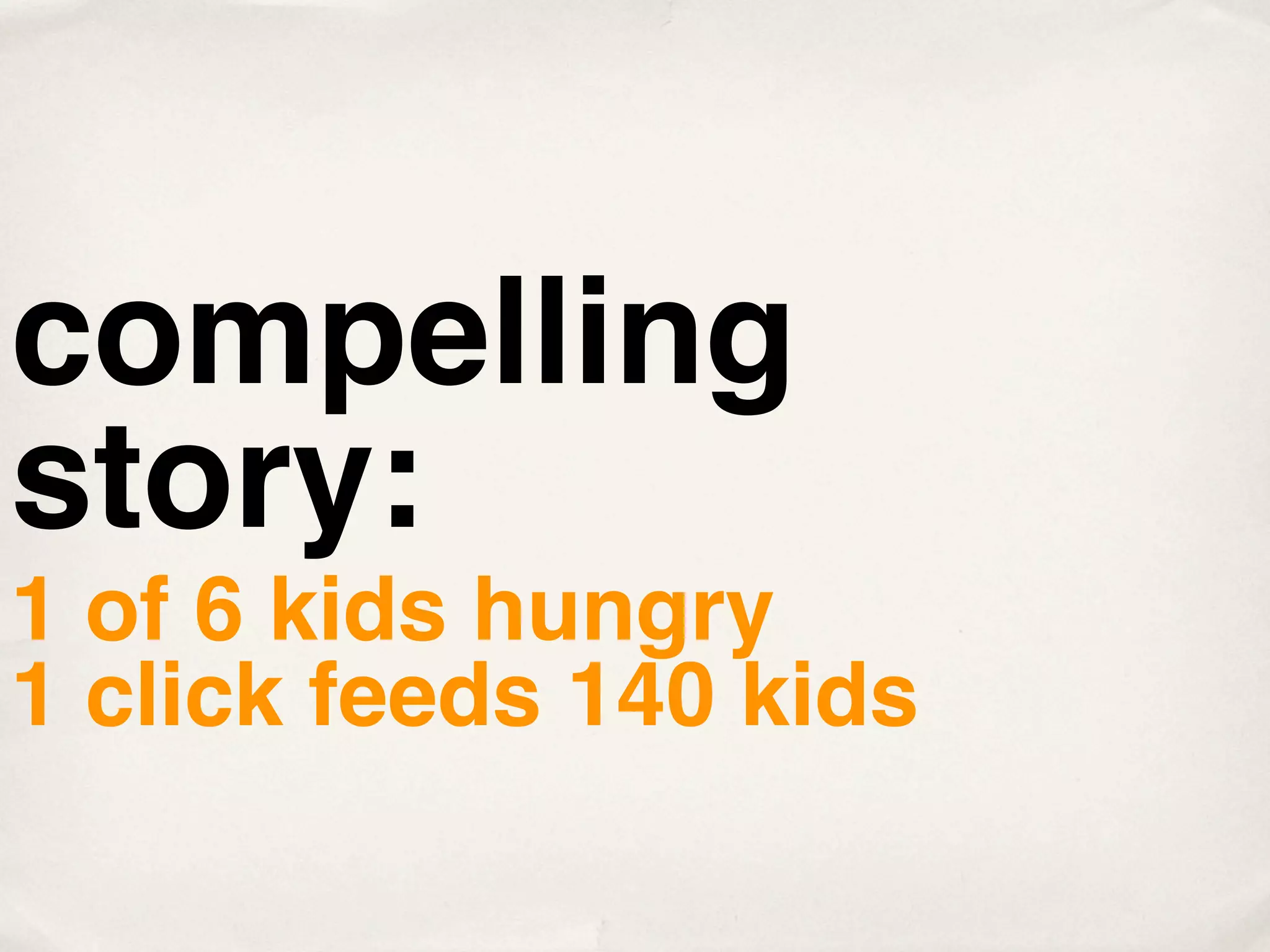 compelling
story:
1 of 6 kids hungry
1 click feeds 140 kids
 