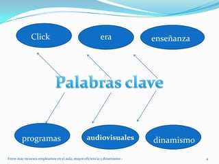 ClickeraenseñanzaPalabras claveprogramasaudiovisualesdinamismo4Entre más recursos empleamos en el aula, mayor eficiencia y dinamismo -  