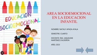 AREA SOCIOEMOCIONAL
EN LA EDUCACION
INFANTIL
NOMBRE: NATALY APAZA AYALA
SEMESTRE: CUARTO
DOCENTE: ING. JAQUELINE
MARTINEZ.CALDERON
AÑO; 2023
 