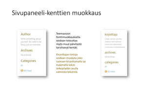 Sivupaneeli-kenttien muokkaus
Teemaosion
fonttimuokkauksella
voidaan toteuttaa
myös muut päivitystä
tarvitsevat kentät.
Kirjoittajan tietoja
voidaan muokata joko
suoraan kirjoittamalla tai
lisäämällä teksti
leikepöydän avulla
valmiista tekstistä.
 