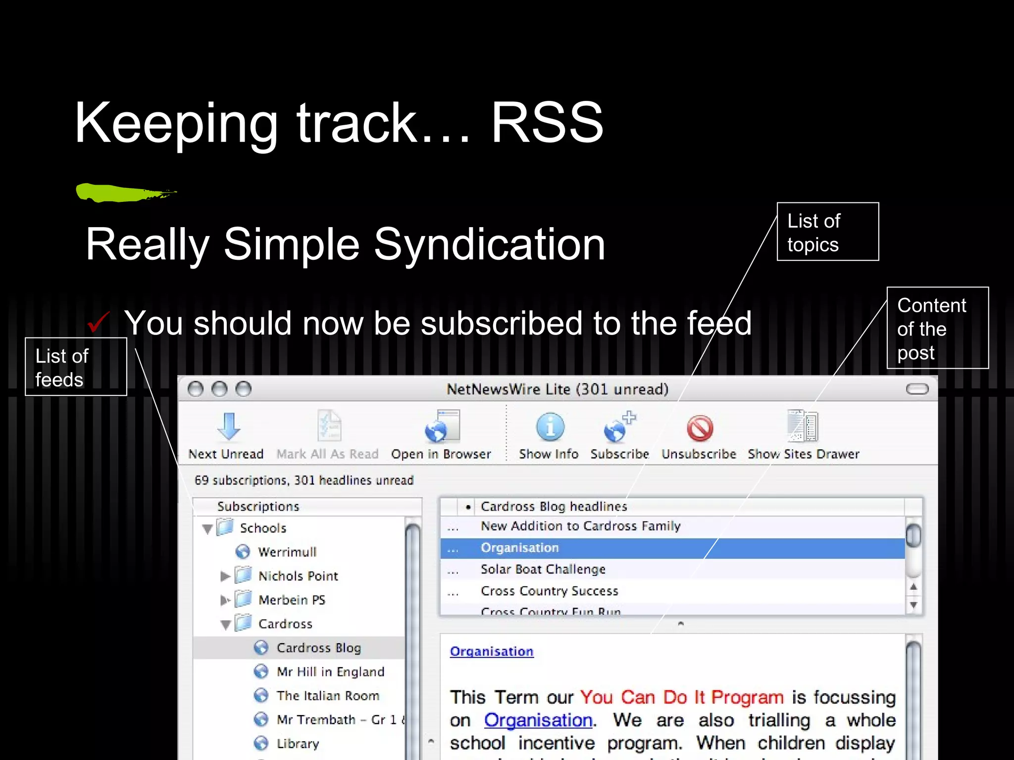 Keeping track… RSS Really Simple Syndication You should now be subscribed to the feed List of feeds List of topics Content of the post 
