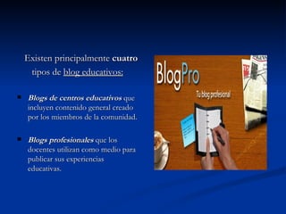 Existen principalmente  cuatro   tipos de  blog educativos: Blogs de centros educativos  que incluyen contenido general creado por los miembros de la comunidad. Blogs profesionales  que los docentes utilizan como medio para publicar sus experiencias educativas. 