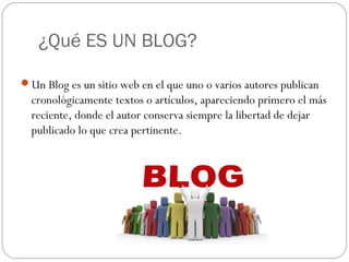 ¿Qué ES UN BLOG?
Un Blog es un sitio web en el que uno o varios autores publican

cronológicamente textos o artículos, apareciendo primero el más
reciente, donde el autor conserva siempre la libertad de dejar
publicado lo que crea pertinente.

 