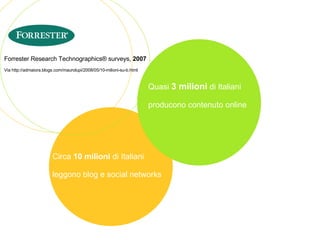 Forrester Research Technographics® surveys,  2007   Via http://admaiora.blogs.com/maurolupi/2008/05/10-milioni-su-b.html Circa  10 milioni  di Italiani   leggono blog e social networks Quasi   3 milioni   di Italiani  producono contenuto online 