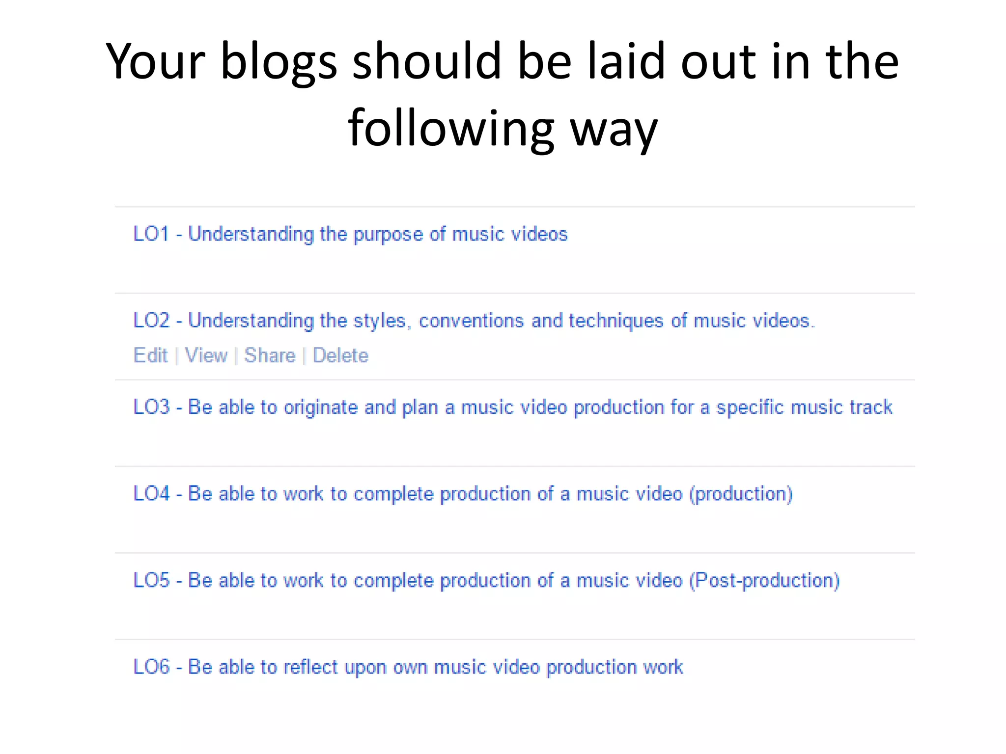 Your blogs should be laid out in the 
following way 
