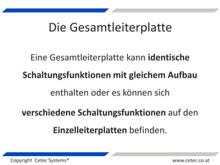 Copyright Cetec Systems® www.cetec.co.at
Die Gesamtleiterplatte
Eine Gesamtleiterplatte kann identische
Schaltungsfunktionen mit gleichem Aufbau
enthalten oder es können sich
verschiedene Schaltungsfunktionen auf den
Einzelleiterplatten befinden.
 