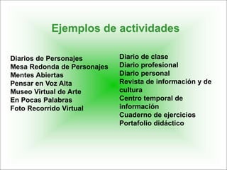 Diarios de Personajes
Mesa Redonda de Personajes
Mentes Abiertas
Pensar en Voz Alta
Museo Virtual de Arte
En Pocas Palabras
Foto Recorrido Virtual
Ejemplos de actividades
Diario de clase
Diario profesional
Diario personal
Revista de información y de
cultura
Centro temporal de
información
Cuaderno de ejercicios
Portafolio didáctico
 