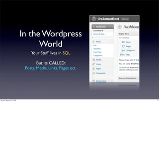 In the Wordpress
                                   World
                                 Your Stuff lives in SQL

                                     But its CALLED:
                              Posts, Media, Links, Pages ect.




Monday, September 21, 2009                                      15
 