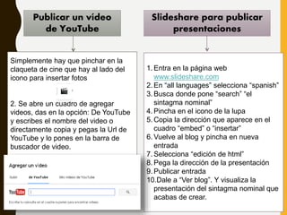 Publicar un vídeo
de YouTube
Slideshare para publicar
presentaciones
1. Entra en la página web
www.slideshare.com
2. En “all languages” selecciona “spanish”
3. Busca donde pone “search” “el
sintagma nominal”
4. Pincha en el icono de la lupa
5. Copia la dirección que aparece en el
cuadro “embed” o “insertar”
6. Vuelve al blog y pincha en nueva
entrada
7. Selecciona “edición de html”
8. Pega la dirección de la presentación
9. Publicar entrada
10.Dale a “Ver blog”. Y visualiza la
presentación del sintagma nominal que
acabas de crear.
Simplemente hay que pinchar en la
claqueta de cine que hay al lado del
icono para insertar fotos
2. Se abre un cuadro de agregar
videos, das en la opción: De YouTube
y escribes el nombre del video o
directamente copia y pegas la Url de
YouTube y lo pones en la barra de
buscador de video.
 
