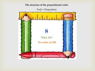 The structure of the prepositional verbs
Verb + Preposition
“FILL IN”
 