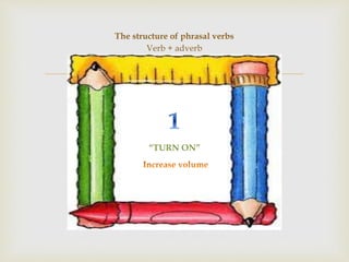 
The structure of phrasal verbs
Verb + adverb
“TURN ON”
 