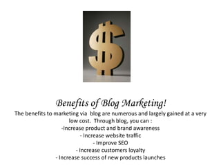 Definition Blog MarketingBlog marketing is any process that publicizes or advertises a website,  business, brand or service via the medium of blogs.  This includes, but is  not limited to marketing via  ads placed  on blogs, recommendations and reviews by the blogger. 