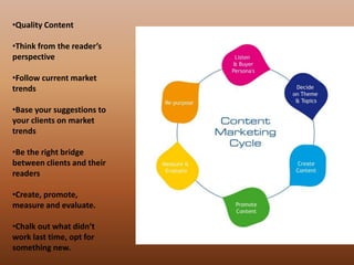 •Quality Content
•Think from the reader’s
perspective
•Follow current market
trends
•Base your suggestions to
your clients on market
trends
•Be the right bridge
between clients and their
readers
•Create, promote,
measure and evaluate.
•Chalk out what didn’t
work last time, opt for
something new.
 