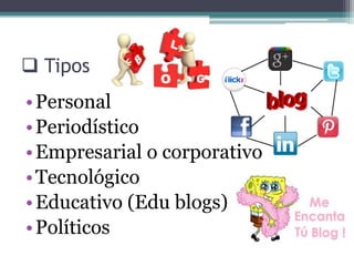  Tipos
• Personal
• Periodístico
• Empresarial o corporativo
• Tecnológico
• Educativo (Edu blogs)
• Políticos

 