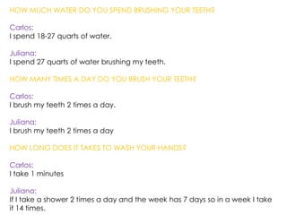Word problem # 1PRROBLEMSOLUTIONIf Pedro spends 9.0 quarts of water washing his hands in 1 minute and he washes them in 3 minutes 4 times a day, how many water does he spends in a week?.  So you have to multiply 9.0 times 3 because in 1 minute you spend 9.0p quarts and Pedro spend 3 minutes so the result is 27.0 and then you multiply that by 4 because he does it 4 times a day and the answer is 108.0 and then you multiply 108.0 by 7 because the week has 7 days and the answer is 756.0. In conclusion Pedro spends 756.0 quarts of water in a week.