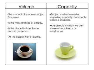 VolumeCapacityThe amount of space an object Occupies.Is the mass and size of a body.