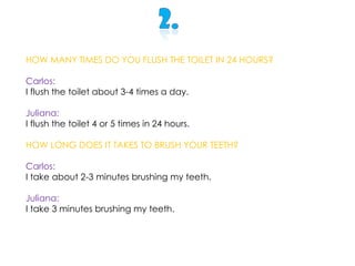 HOW MUCH TIME DO YOU SPEND TAKING A SHOWER?Carlos:A//I take 5 minutes to take a shower.Juliana:A// I take a shower around 6-7 minutes.HOW MANY TIMES A DAY DO YOU DO THAT?Carlos:I take a shower 2 times a day.Juliana:I do that (take a shower) 2 times a day.HOW MANY TIMES IN A WEEK DO YOU TAKE A SHOWER?Carlos:I take a shower 14 times a weekJuliana:If I take a shower 2 times a day and the week has 7 days so in a week I take it 14 times. 