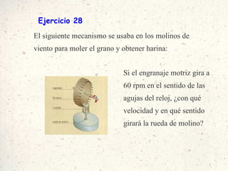 Ejercicio 28 El siguiente mecanismo se usaba en los molinos de viento para moler el grano y obtener harina: Si el engranaje motriz gira a 60 rpm en el sentido de las agujas del reloj, ¿con qué velocidad y en qué sentido girará la rueda de molino? 