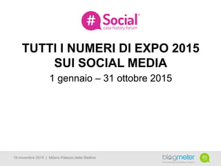 TUTTI I NUMERI DI EXPO 2015
SUI SOCIAL MEDIA
1 gennaio – 31 ottobre 2015
19 novembre 2015 | Milano Palazzo delle Stelline
 