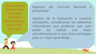 ¿Qué aspectos
del Currículo
Nacional
necesitan
profundizar un
poco más?
¿Por qué?
Aspectos del Currículo Nacional a
profundizar:
Aspecto de la evaluación a nuestros
estudiantes, considerando los diferentes
instrumentos que podemos usar para
poder así realizar una mejor
retroalimentación o usar otras estrategias
para un mejor aprendizaje.
 