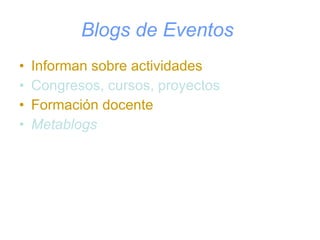 Blogs de Eventos   Informan sobre actividades Congresos, cursos, proyectos Formación docente Metablogs 