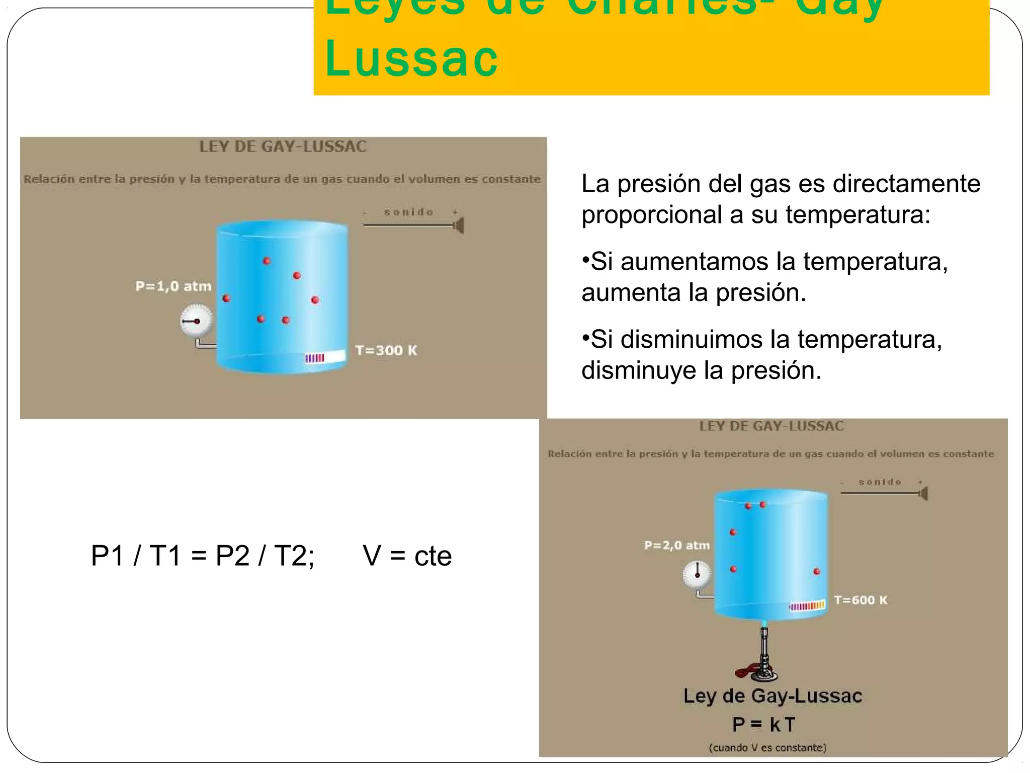 Leyes de Charles- Gay
Lussac
10
La presión del gas es directamente
proporcional a su temperatura:
•Si aumentamos la temperatura,
aumenta la presión.
•Si disminuimos la temperatura,
disminuye la presión.
P1 / T1 = P2 / T2; V = cte
 