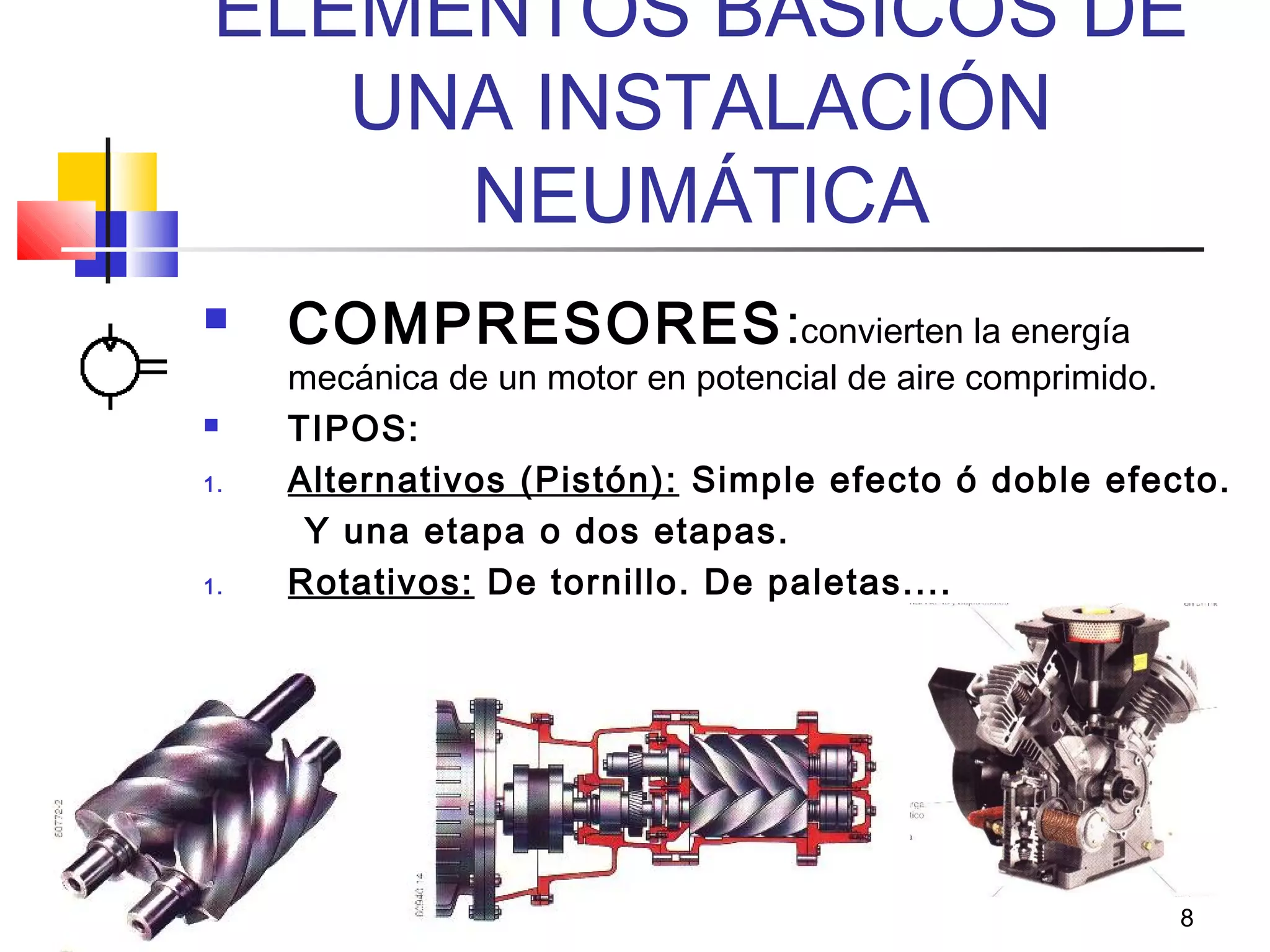8
ELEMENTOS BÁSICOS DE
UNA INSTALACIÓN
NEUMÁTICA
 COMPRESORES:convierten la energía
mecánica de un motor en potencial de aire comprimido.
 TIPOS:
1. Alternativos (Pistón): Simple efecto ó doble efecto.
Y una etapa o dos etapas.
1. Rotativos: De tornillo. De paletas....
 