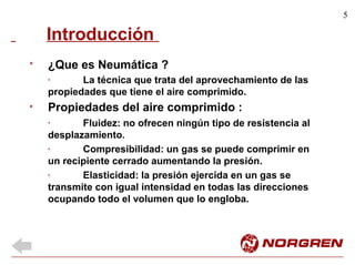 5
Introducción
¿Que es Neumática ?
* La técnica que trata del aprovechamiento de las
propiedades que tiene el aire comprimido.
Propiedades del aire comprimido :
* Fluidez: no ofrecen ningún tipo de resistencia al
desplazamiento.
* Compresibilidad: un gas se puede comprimir en
un recipiente cerrado aumentando la presión.
* Elasticidad: la presión ejercida en un gas se
transmite con igual intensidad en todas las direcciones
ocupando todo el volumen que lo engloba.
*
*
 