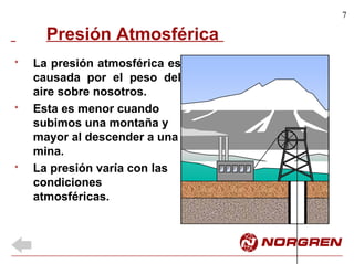 7
Presión Atmosférica
* La presión atmosférica es
causada por el peso del
aire sobre nosotros.
* Esta es menor cuando
subimos una montaña y
mayor al descender a una
mina.
* La presión varía con las
condiciones
atmosféricas.
 