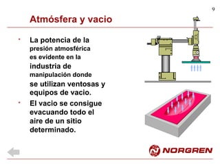 9
La potencia de la*
se utilizan ventosas
equipos de vacio.
y
El vacio se consigue
evacuando todo el
aire de un sitio
determinado.
*
Atmósfera y vacio
presión atmosférica
es evidente en la
industria de
manipulación donde
 