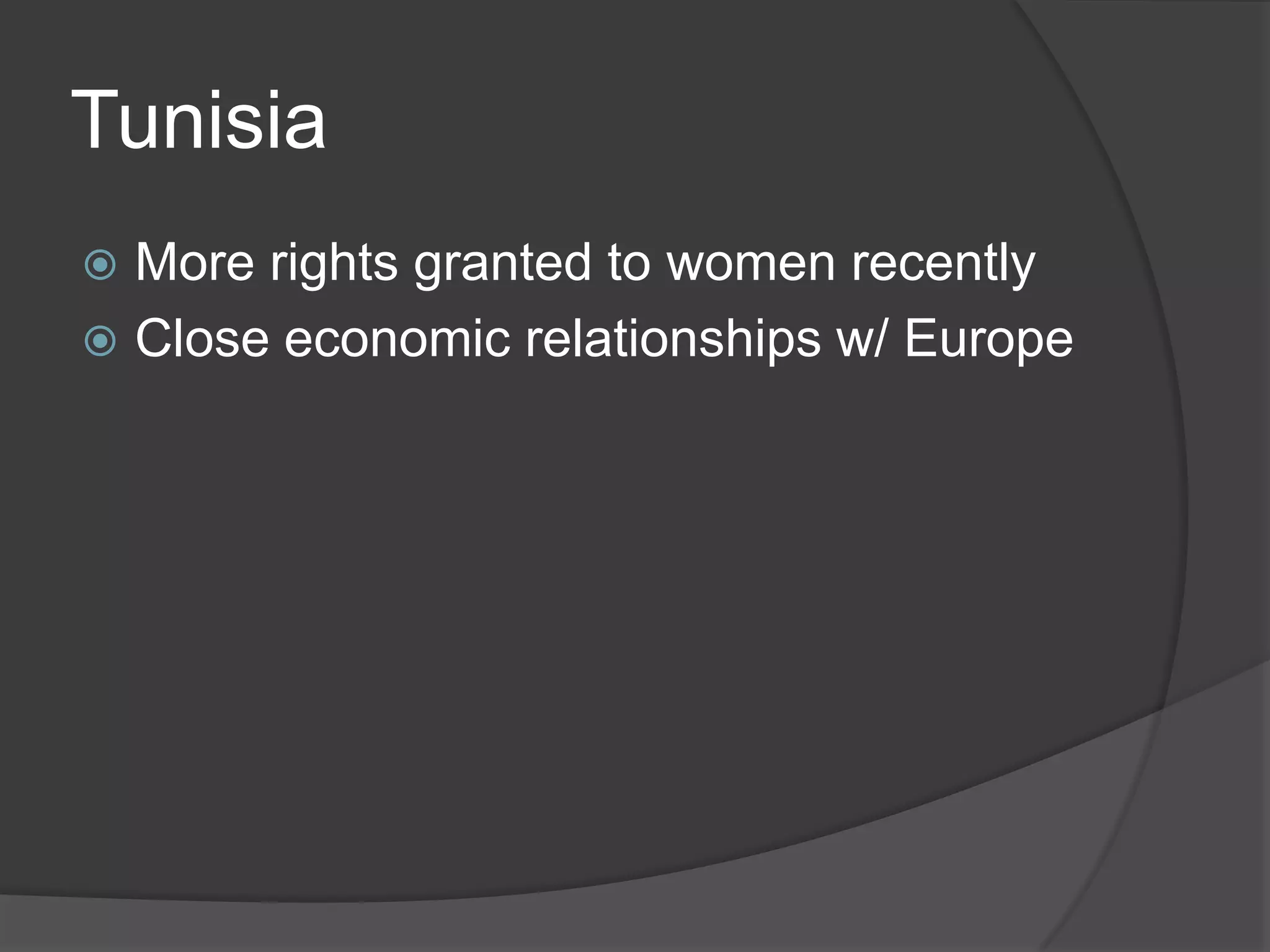 TunisiaMore rights granted to women recentlyClose economic relationships w/ Europe