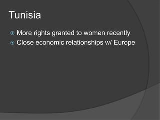 TunisiaMore rights granted to women recentlyClose economic relationships w/ Europe