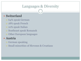 Languages & DiversitySwitzerland64% speak German18% speak French10% speak ItalianSoutheast speak RomanshOther European languagesAustriaGerman speakingSmall minorities of Slovenes & Croatians