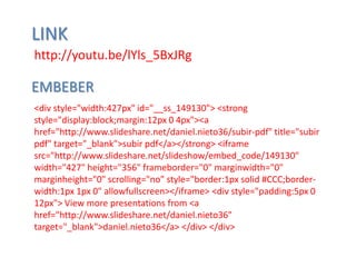 LINK
EMBEBER
<div style="width:427px" id="__ss_149130"> <strong
style="display:block;margin:12px 0 4px"><a
href="http://www.slideshare.net/daniel.nieto36/subir-pdf" title="subir
pdf" target="_blank">subir pdf</a></strong> <iframe
src="http://www.slideshare.net/slideshow/embed_code/149130"
width="427" height="356" frameborder="0" marginwidth="0"
marginheight="0" scrolling="no" style="border:1px solid #CCC;border-
width:1px 1px 0" allowfullscreen></iframe> <div style="padding:5px 0
12px"> View more presentations from <a
href="http://www.slideshare.net/daniel.nieto36"
target="_blank">daniel.nieto36</a> </div> </div>
http://youtu.be/lYls_5BxJRg
 