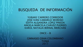 BUSQUEDA DE INFORMACIÓN
YURANY CARRERO CORREDOR
JOSÉ IVÁN CAMARGO MORENO
EDITH ALEJANDRA LÓPEZ PINEDA
ANGELA MARCELA CHÁVEZ PUERRES
KAROL NATALIA BERNAL MERCHÁN
ONCE - B
GIMNASIO GRAN COLOMBIANO
TUNJA
2017
 