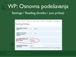 Settings / Reading (kratko / pun prikaz) WP:  Osnovna podešavanja 
