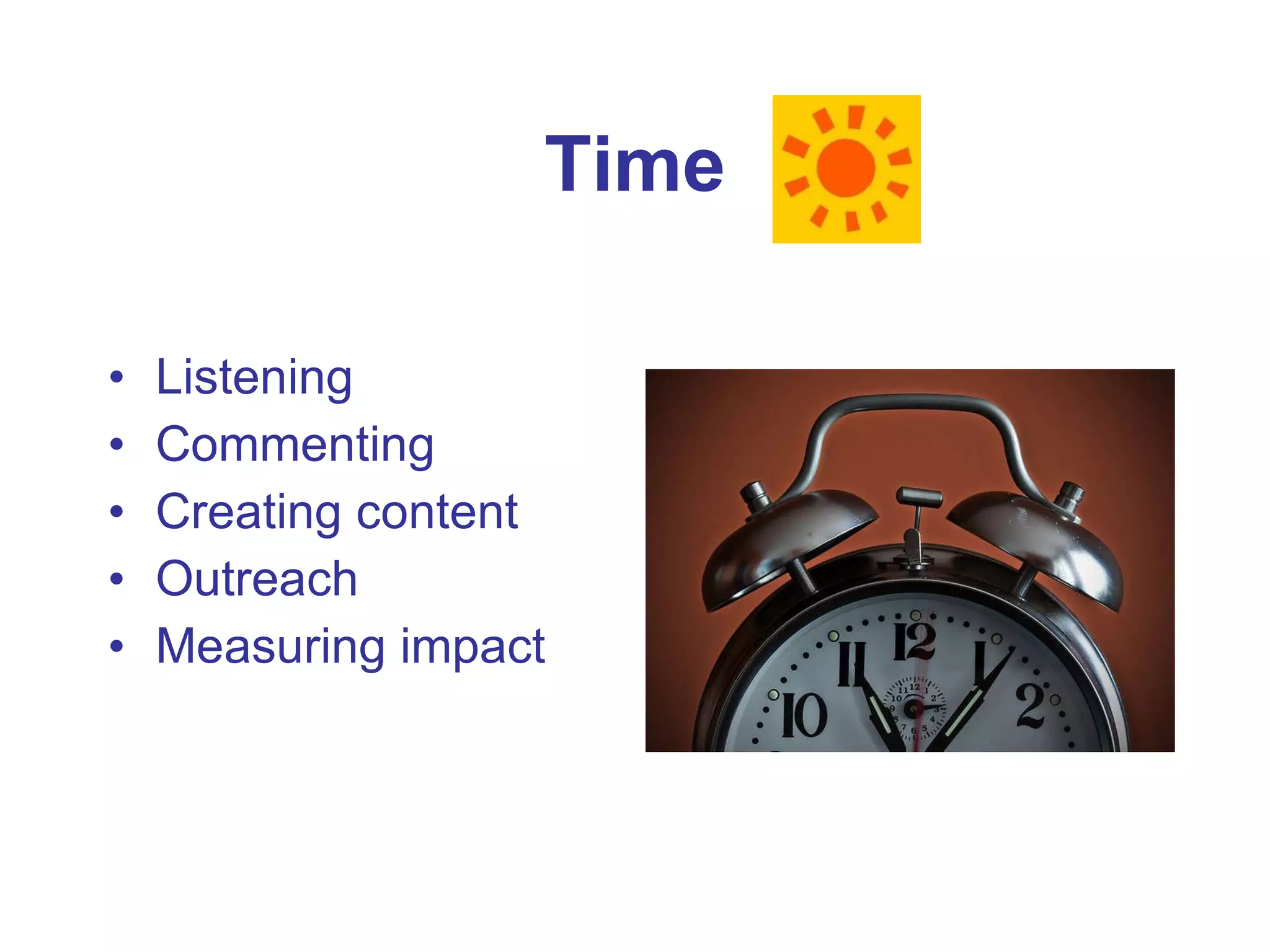 Time Listening Commenting Creating content Outreach Measuring impact 