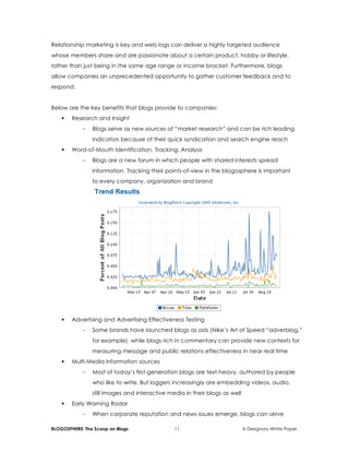 BLOGOSPHERE: The Scoop on Blogs 11 A Designory White Paper
Relationship marketing is key and web logs can deliver a highly targeted audience
whose members share and are passionate about a certain product, hobby or lifestyle,
rather than just being in the same age range or income bracket. Furthermore, blogs
allow companies an unprecedented opportunity to gather customer feedback and to
respond.
Below are the key benefits that blogs provide to companies:
 Research and Insight
- Blogs serve as new sources of “market research” and can be rich leading
indicators because of their quick syndication and search engine reach
 Word-of-Mouth Identification, Tracking, Analysis
- Blogs are a new forum in which people with shared interests spread
information. Tracking their points-of-view in the blogosphere is important
to every company, organization and brand
 Advertising and Advertising Effectiveness Testing
- Some brands have launched blogs as ads (Nike’s Art of Speed “adverblog,”
for example), while blogs rich in commentary can provide new contexts for
measuring message and public relations effectiveness in near real time
 Multi-Media Information sources
- Most of today’s first-generation blogs are text-heavy, authored by people
who like to write. But loggers increasingly are embedding videos, audio,
still images and interactive media in their blogs as well
 Early Warning Radar
- When corporate reputation and news issues emerge, blogs can serve
 