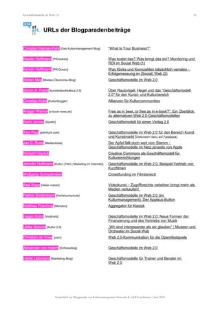 Geschäftsmodelle im Web 2.0 76
URLs der Blogparadenbeiträge
Christian Henner-Fehr [Das Kulturmanagement Blog] “What Is Your Business?”
Kerstin Hoffmann [PR-Doktor] Was kostet das? Was bringt das ein? Monitoring und
ROI im Social Web (1)
Kerstin Hoffmann [PR-Doktor] Was Klicks und Kennzahlen tatsächlich verraten -
Erfolgsmessung im (Social) Web (2)
Stefan Mey [Medien-Ökonomie-Blog] Geschäftsmodelle im Web 2.0
Simon A. Frank [kunstistauchkaktus 2.0] Über Raubvögel, Hegel und das “Geschäftsmodell
2.0″ für den Kunst- und Kulturbereich
Christian Holst [Kulturblogger] Allianzen für Kulturcommunities
Ansgar Warner [e-book-news.de] Free as in beer, or free as in e-book?”: Ein Überblick
zu alternativen Web 2.0-Geschäftsmodellen
Karin Janner [Spieltz] Geschäftsmodell für einen Verlag 2.0
Tino Paul [artinfo24.com] Geschäftsmodelle im Web 2.0 für den Bereich Kunst
und Kunstmarkt [Diskussion dazu auf Facebook]
Jan C. Rode [Medienlotse] Der Apfel fällt doch weit vom Stamm -
Geschäftsmodelle im Netz jenseits von Apple
Norbert Hayduk Creative Commons als Geschäftsmodell für
Kultureinrichtungen
Jennifer Hoffmann [Kultur | Film | Marketing im Internetz] Geschäftsmodelle im Web 2.0, Beispiel Vertrieb von
Kurzfilmen
Wolfgang Gumpelmaier Crowdfunding im Filmbereich
Axel Kopp [netze nutzen] Videokunst – Zugriffsrechte verleihen bringt mehr als
Medien verkaufen!
Patrick Breitenbach [Karlshochschule] Geschäftsmodelle im Web 2.0 (im
Kulturmanagement): Der Applaus-Button
Matthias Puschnig [Monalvo] Aggregator für Klassik
Hagen Kohn [VioWorld] Geschäftsmodelle im Web 2.0: Neue Formen der
Finanzierung und des Vertriebs von Musik
Ulrike Schmid [Kultur 2.0] „Wir sind interessanter als wir glauben“ ¦ Museen und
Orchester im Social Web
Christian de Vries [cdv!] Web 2.0-Kommunikation für die Opernfestspiele
Alexander von Halem [Schlossblog] Geschäftsmodelle im Web 2.0
Heide Liebmann [Marketing-Blog] Geschäftsmodelle für Trainer und Berater im
Web 2.0
Sonderheft zur Blogparade von Kulturmanagement Network & stARTconference | Juni 2010
 