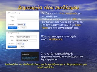 Δημιουργία νέου συνδέσμου Θα δώσετε ένα  τίτλο περιγραφής  για  τον σύνδεσμο. Πρέπει να καταχωρήσετε το  URL  του  συνδέσμου, είτε πληκτρολογώντας τον  (αν τον θυμάστε απ’ έξω) ή με  Copy-  Paste   από τον φυλλομετρητή σας .  Μόλις καταχωρήσετε τα στοιχεία πατάτε  Αποθήκευση . Στην κατάσταση προβολής θα εμφανιστεί αυτόματα ο σύνδεσμος που δημιουργήσατε. Ακολουθείτε την διαδικασία όσες φορές χρειάζεστε για να διαμορφώσετε μια σειρά από  links . 