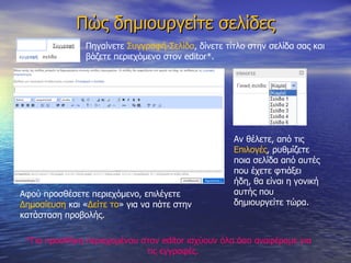 Πώς δημιουργείτε σελίδες Πηγαίνετε  Συγγραφή-Σελίδα , δίνετε τίτλο στην σελίδα σας και βάζετε περιεχόμενο στον  editor * .   *Για προσθήκη περιεχομένου στον  editor  ισχύουν όλα όσα αναφέραμε για  τις εγγραφές. Αν θέλετε, από τις  Επιλογές , ρυθμίζετε ποια σελίδα από αυτές που έχετε φτιάξει ήδη, θα είναι η γονική αυτής που δημιουργείτε τώρα. Αφού προσθέσετε περιεχόμενο, επιλέγετε  Δημοσίευση  και « Δείτε το » για να πάτε στην κατάσταση προβολής. 